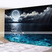 זול שטיחון חוף האוקיינוס-ירח ים שמיים קיר שטיח אומנות דקור שמיכה וילון מפת פיקניק תלוי בית חדר שינה סלון מעונות קישוט נוף לילה מלא אוקיינוס ענן כוכב
