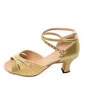 abordables Zapatos de baile latino-Zapatos de baile plateados con purpurina para mujer, con tacones bajos y tiras en el tobillo: perfectos para bailes de salón, latinos y eventos de fiesta.
