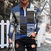 olcso Férfi geometrikus póló-Férfi Csíkos Hawaii pólóingek Golfing Hosszú ujj Pólóingek Galléros ingek Alkalmi Strandruházat Nyaralási viselet Party ruhák 3D nyomtatás Quarter Zip Polo Bor Sárga Medence