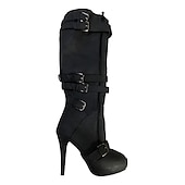 voordelige Mode laarzen-beige dames kniehoge stiletto laarzen met gespbandjes en rits aan de zijkant, sexy hoge hak laarzen voor een modieuze avond uit