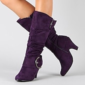 cheap Slouch Boots-Women&#039;s Red Suede Slouchy Knee-High Boots with Buckle Detail and Mid Heel - Stylish Footwear for Fall and Winter