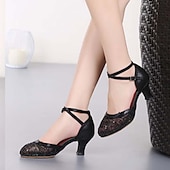 cheap Ballroom Shoes &amp; Modern Dance Shoes-Women&#039;s Silver Mesh Lace Dance Shoes – Low Heel Latin Ballroom Heels with Ankle Strap for Weddings and Special Events