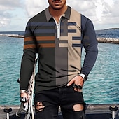 olcso Férfi geometrikus póló-Férfi Csíkos Hawaii pólóingek Golfing Hosszú ujj Pólóingek Galléros ingek Alkalmi Strandruházat Nyaralási viselet Party ruhák 3D nyomtatás Quarter Zip Polo Bor Sárga Medence