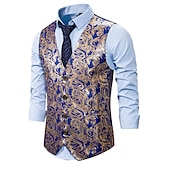 cheap Men&#039;s Vest-Men&#039;s Vest Gilet Wedding Smart Casual Polyester Geometric V Neck Skinny Red Purple Gold Vest