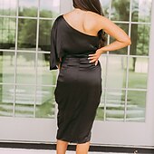 abordables Robe de cocktail-Femme Robe mi-longue robe soirée robe cocktail Robe satinée Robe semi-formelle Mode Soirée mode Formel Vacances Bureau Standard Couleur monochrome Manche Courte Une Epaule Noir Dorée Bleu de minuit