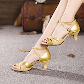 abordables Zapatos de baile latino-Zapatos de baile plateados con purpurina para mujer, con tacones bajos y tiras en el tobillo: perfectos para bailes de salón, latinos y eventos de fiesta.