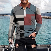 olcso Férfi geometrikus póló-Férfi Csíkos Hawaii pólóingek Golfing Hosszú ujj Pólóingek Galléros ingek Alkalmi Strandruházat Nyaralási viselet Party ruhák 3D nyomtatás Quarter Zip Polo Bor Sárga Medence