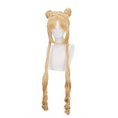 economico Parrucche Anime-parrucca coda di cavallo s anime lunga riccia bionda tsukino usagi parrucca cosplay parrucca da festa con chignon e due lunghe code di cavallo parrucca di carnevale