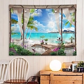 Недорогие Тапестри́ на океа́нском пляже-Window Landscape Wall Tapestry Art Decor Blanket Curtain Hanging Home Bedroom Living Room Decoration Coconut Tree Sea Ocean Beach
