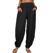 cheap Plain Cotton Linen Pant-Women&#039;s Cotton Linen Pants Baggy Pants Harem Pants Comfort Solid Color Pocket Elastic Waist Causal Black White Army Green Dark Navy Summer Spring Fall