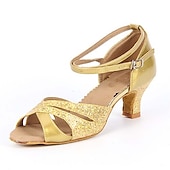 abordables Zapatos de baile latino-Zapatos de baile plateados con purpurina para mujer, con tacones bajos y tiras en el tobillo: perfectos para bailes de salón, latinos y eventos de fiesta.