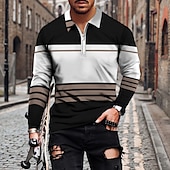 preiswerte Geometrisches Poloshirt für Herren-Herren Gestreift Poloshirts mit Reißverschluss Golfshirt Langarm Polo-Shirts Hemden mit Kragen Lässig Urlaubskleidung Formelle Kleidung Festivalkleidung 3D-Druck Viertelreißverschluss-Poloshirt Wei