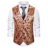 cheap Men&#039;s Vest-Men&#039;s Vest Gilet Wedding Smart Casual Polyester Geometric V Neck Skinny Red Purple Gold Vest