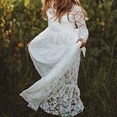 cheap Flower Girl&#039;s Dresses-Kids Girls&#039; Flower Girl Dress Dress Solid Colored Long Sleeve Wedding Party Daily Lace Mesh Embroidered Cute Princess Cotton Maxi A Line Dress Tulle Dress Fall Winter 3-12 Years White Beige