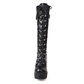 cheap Platform Boots-Women&#039;s Black Platform Lace-Up Knee-High Boots with Chunky Heels and Buckle Detail – Gothic or Punk Style for Fall and Winter