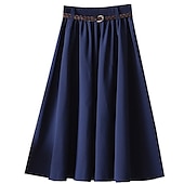 tanie Zwykłe spódnice-Damskie Spódnica Huśtawka Długa spódnica Midi Spódnice Pofałdowany Solidne kolory Biuro / praca Wyjściowe Lato Poliester Moda miejska lato Żółty Czerwony Granatowy Niebieski