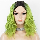 abordables Perruques Synthétiques Sans Bonnet-perruque synthétique ondulée verte 2 tons ombre bob perruque avec une raie au milieu courte perruque synthétique pour les femmes perruques de fête de noël perruques de jour de st.patrick