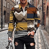 olcso Férfi geometrikus póló-Férfi Csíkos Hawaii pólóingek Golfing Hosszú ujj Pólóingek Galléros ingek Alkalmi Strandruházat Nyaralási viselet Party ruhák 3D nyomtatás Quarter Zip Polo Bor Sárga Medence