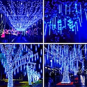 abordables Guirlandes lumineuses à brancher-4 pack pluie de météores guirlandes lumineuses 50cm lumières de noël en plein air décorations extérieures 100-240v 32 tubes 960led guirlandes étanches pour noël fête de mariage arbres de noël mariage de vacances