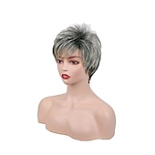 abordables perruque plus âgée-perruques grises pour les femmes tempérament frange oblique texture moelleux cheveux courts dégradé noir argent perruques d&#039;âge moyen cheveux naturels