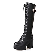 cheap Platform Boots-Women&#039;s Black Platform Lace-Up Knee-High Boots with Chunky Heels and Buckle Detail – Gothic or Punk Style for Fall and Winter