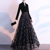 abordables NOIR-Robe de soirée A-Line élégante invitée de mariage bal longueur de sol manches longues sequins de reine Anne avec ceinture  ruban sequins