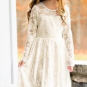 cheap Flower Girl&#039;s Dresses-Kids Girls&#039; Flower Girl Dress Dress Solid Colored Long Sleeve Wedding Party Daily Lace Mesh Embroidered Cute Princess Cotton Maxi A Line Dress Tulle Dress Fall Winter 3-12 Years White Beige