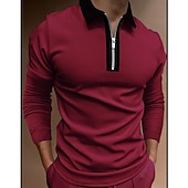 preiswerte Urlaub-Herren Poloshirt Poloshirt mit Viertelreißverschluss Arbeit Casual Klassischer Kragen Viertel Postleitzahl Langarm Modisch Geschäftlich Farbblock Patchwork Zip Winter Herbst Winter Regular Fit Wein