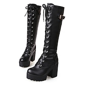 cheap Platform Boots-Women&#039;s Black Platform Lace-Up Knee-High Boots with Chunky Heels and Buckle Detail – Gothic or Punk Style for Fall and Winter