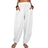 cheap Plain Cotton Linen Pant-Women&#039;s Cotton Linen Pants Baggy Pants Harem Pants Comfort Solid Color Pocket Elastic Waist Causal Black White Army Green Dark Navy Summer Spring Fall