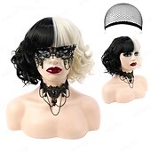 abordables Perruques de personnages de films-perruque gothique rebcass perruque synthétique cosplay cruella boucles lâches bouncy curl bob avec perruque bang soignée cheveux synthétiques noir/or pour femmes résistant à la chaleur bonnet gratuit