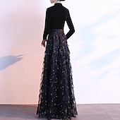 abordables NOIR-Robe de soirée A-Line élégante invitée de mariage bal longueur de sol manches longues sequins de reine Anne avec ceinture  ruban sequins