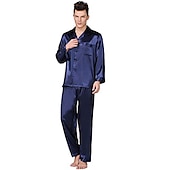 cheap Men&#039;s Pajamas-Men&#039;s Satin &amp; Silk Sleepwear Pajama Top and Pant Silk Pajama 2 Pieces Pure Color Luxury Home Bed Faux Silk Comfort Long Sleeve Pant Winter Fall Pure blue Blue cord
