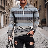 preiswerte Geometrisches Poloshirt für Herren-Herren Gestreift Poloshirts mit Reißverschluss Golfshirt Langarm Polo-Shirts Hemden mit Kragen Lässig Urlaubskleidung Formelle Kleidung Festivalkleidung 3D-Druck Viertelreißverschluss-Poloshirt Wei