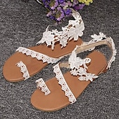 ieftine Casual-sandale plate de mireasa din dantela alba de dama cu impodobiri florale - pantofi eleganti de nunta de plaja pentru mirese