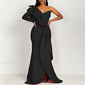 economico NERO-Abito da sera sirena elegante per invitati a matrimoni formali lunghezza del pavimento maniche lunghe una spalla tessuto elasticizzato con rouches colore puro Masquerade Dress 2025