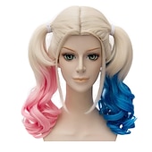 ieftine Peruci de carnaval-harley quinn probeauty coada de cal perucă blondă roz albastru coadă de cal ondulată sintetică perucă cosplay (long roz albastru mix blond)