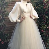 ieftine Wedding Dresses-Hall Formal Fall Wedding Dresses A-Line High Neck Long Sleeve Floor Length Satin Bridal Gowns With Ruched 2023 Summer Wedding Party, Women's Clothing