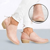 abordables Botines-Botines de tacón bajo de piel sintética de color rosa para mujer: botines sin cordones de estilo occidental para uso informal y diario