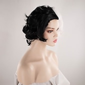 economico Parrucche dei personaggi dei film-101 Dalmata Parrucche Cosplay di Cruella De Vil Parte Centrale per Donne 12 pollici Fibra Resistenti al Calore Riccia Nera e Bianca Parrucca per Adulti e Teen Anime Parrucche di Halloween