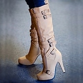 voordelige Mode laarzen-beige dames kniehoge stiletto laarzen met gespbandjes en rits aan de zijkant, sexy hoge hak laarzen voor een modieuze avond uit