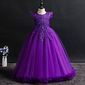 baratos Vestidos floridos-Infantil Para Meninas Vestido de daminha de honra Vestido Jacquard Sem Manga Casamento Festa Ocasião Especial Com Transparência Estilo bonito Princesa Poliéster Longo Vestido rosa princesa Vestido de