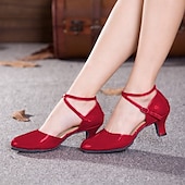 abordables Chaussures de bal, de danse moderne-chaussures de danse de salon en cuir verni rouge pour femmes avec bride croisée et talon moyen – idéales pour la danse latine et la salsa