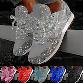 billige Sneakers til kvinner-kvinners sølvglitter joggesko mesh snøring med komfortabel såle