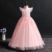 baratos Vestidos floridos-Infantil Para Meninas Vestido de daminha de honra Vestido Jacquard Sem Manga Casamento Festa Ocasião Especial Com Transparência Estilo bonito Princesa Poliéster Longo Vestido rosa princesa Vestido de