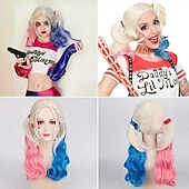ieftine Peruci de carnaval-harley quinn probeauty coada de cal perucă blondă roz albastru coadă de cal ondulată sintetică perucă cosplay (long roz albastru mix blond)