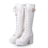 cheap Platform Boots-Women&#039;s Black Platform Lace-Up Knee-High Boots with Chunky Heels and Buckle Detail – Gothic or Punk Style for Fall and Winter