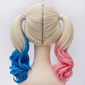 ieftine Peruci de carnaval-harley quinn probeauty coada de cal perucă blondă roz albastru coadă de cal ondulată sintetică perucă cosplay (long roz albastru mix blond)