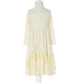 cheap Flower Girl&#039;s Dresses-Kids Girls&#039; Flower Girl Dress Dress Solid Colored Long Sleeve Wedding Party Daily Lace Mesh Embroidered Cute Princess Cotton Maxi A Line Dress Tulle Dress Fall Winter 3-12 Years White Beige