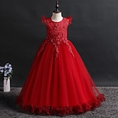baratos Vestidos floridos-Infantil Para Meninas Vestido de daminha de honra Vestido Jacquard Sem Manga Casamento Festa Ocasião Especial Com Transparência Estilo bonito Princesa Poliéster Longo Vestido rosa princesa Vestido de